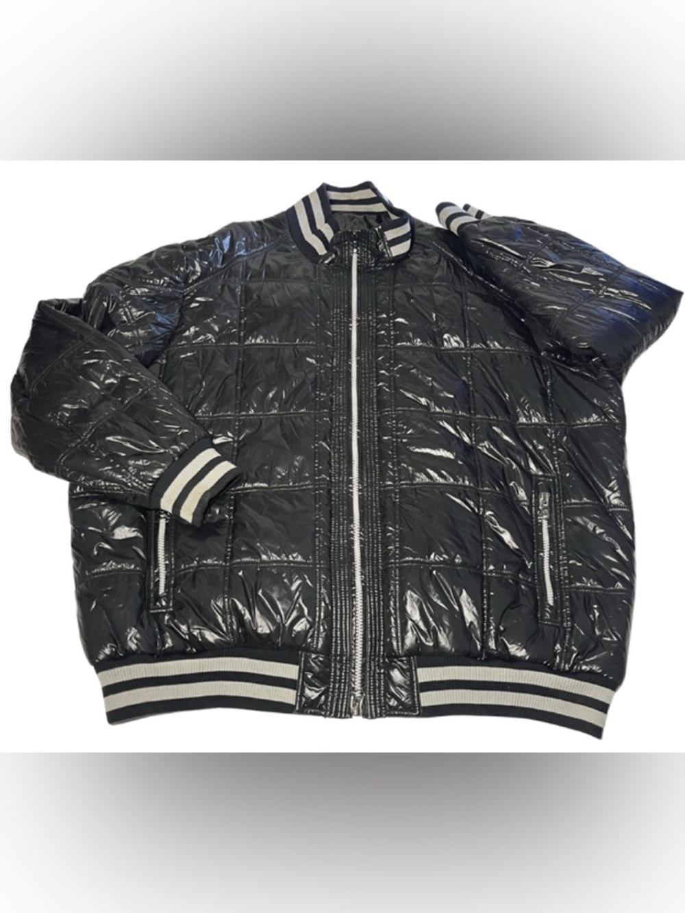 Sean John 5X Quilted Puffer Jacket Black Gray Full Zip Striped Trim Streetwear